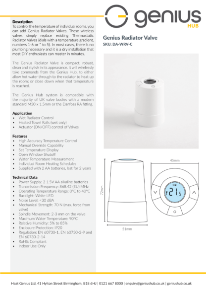 Genius Radiator Valve - Specification