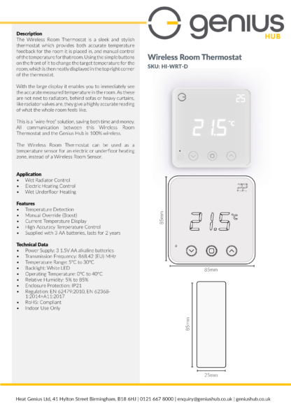 Wireless Room Thermostat - Specification
